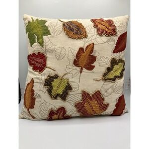 Pier 1 Autumn Leaf‎ Beaded Embroidered Accent Throw Pillow Square 14x14 Like New